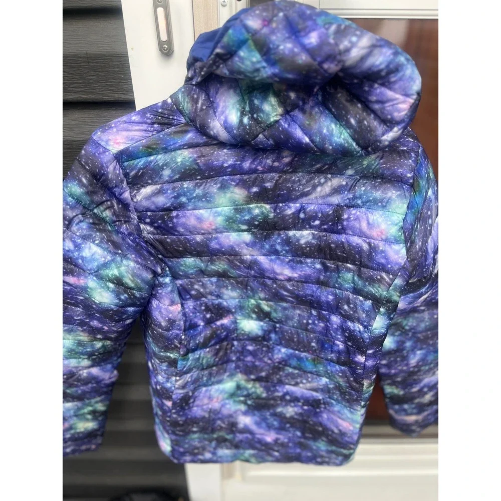 Lands End Galaxy Print Hooded Puffer Jacket Kids XL 14-16 Purple Blue Star Coat